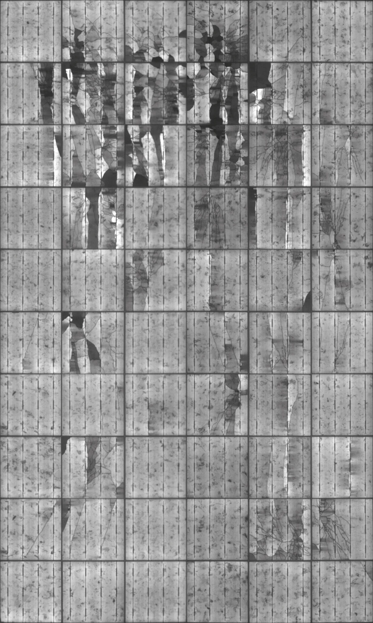 Electroluminescence image of a PV module with numerous microcracks and cell damage